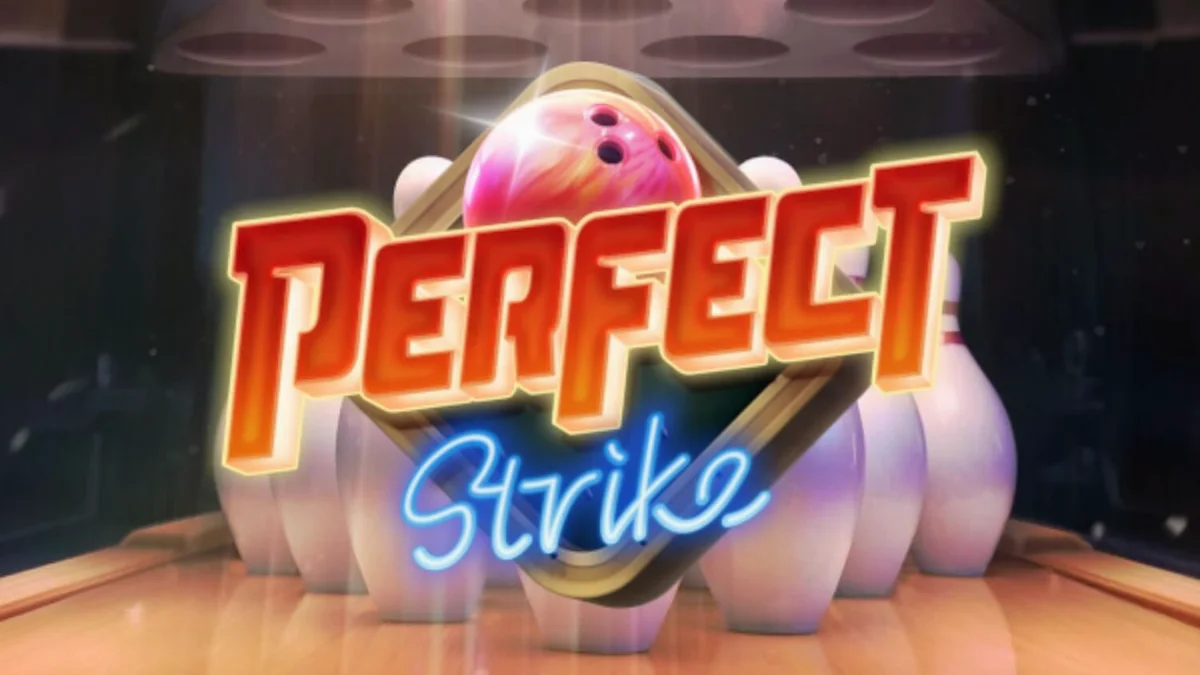 Tampilan visual slot Perfect Strike dengan tema neon bowling
