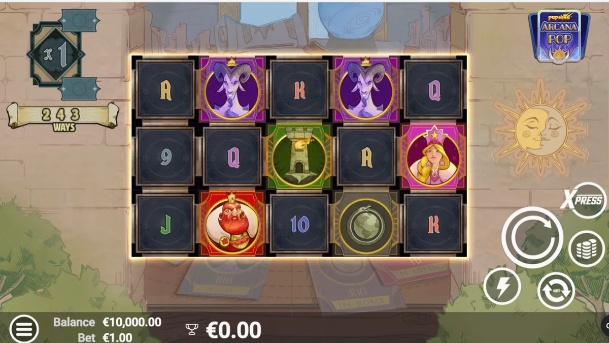 Tampilan visual slot Arcana Pop dengan tema tarot dan simbol mistis
